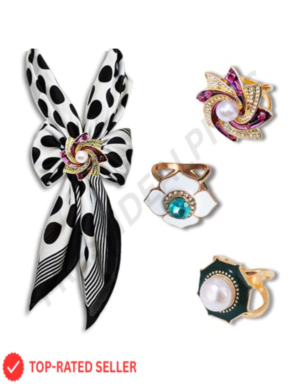 3pc Scarf Ring Clip Set Alloy Pearl Camellia Brooch Buckle for Scarves Shawls